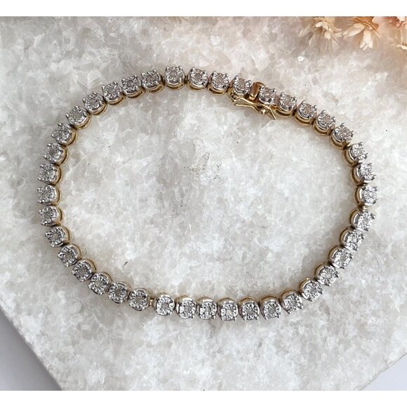 Vermeil Gold Toned Clear 925 Sterling Silver Vintage Tennis Bracelet - 7.75" - Picture 1 of 10